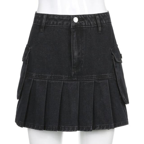 High Waist Jean Skirts Denim Pleated Skirts with Big Pockets Outfit-Denim Skirts-Arimonz-Arimonz