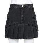 High Waist Jean Skirts Denim Pleated Skirts with Big Pockets Outfit-Denim Skirts-Arimonz-Arimonz