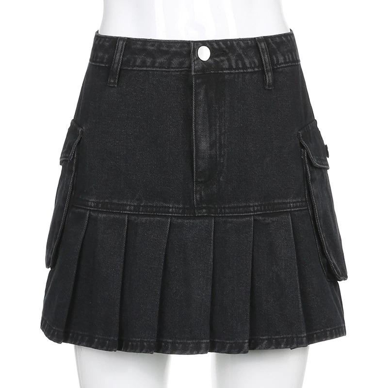 High Waist Jean Skirts Denim Pleated Skirts with Big Pockets Outfit-Denim Skirts-Arimonz-Arimonz