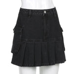 High Waist Jean Skirts Denim Pleated Skirts with Big Pockets Outfit-Denim Skirts-Arimonz-Arimonz