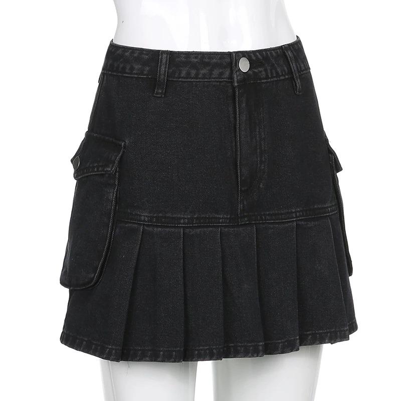 High Waist Jean Skirts Denim Pleated Skirts with Big Pockets Outfit-Denim Skirts-Arimonz-Arimonz