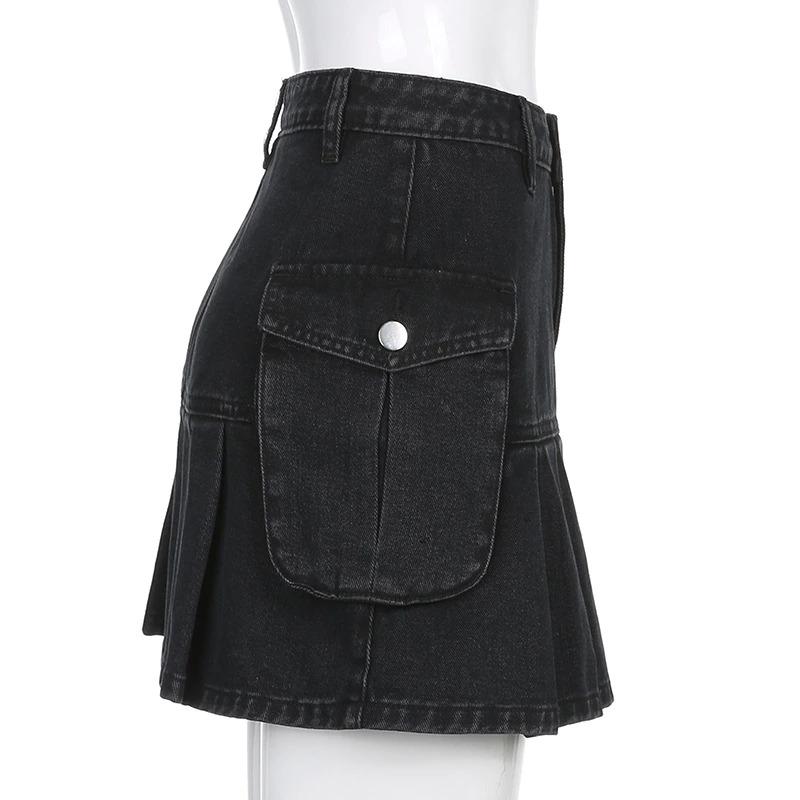 High Waist Jean Skirts Denim Pleated Skirts with Big Pockets Outfit-Denim Skirts-Arimonz-Arimonz