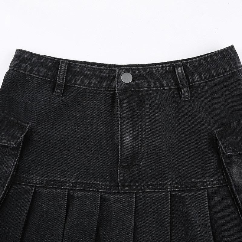 High Waist Jean Skirts Denim Pleated Skirts with Big Pockets Outfit-Denim Skirts-Arimonz-Arimonz