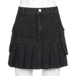 High Waist Jean Skirts Denim Pleated Skirts with Big Pockets Outfit-Denim Skirts-Arimonz-S-Arimonz