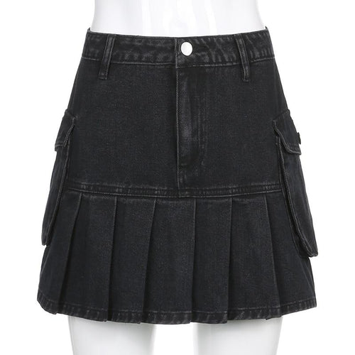 High Waist Jean Skirts Denim Pleated Skirts with Big Pockets Outfit-Denim Skirts-Arimonz-S-Arimonz