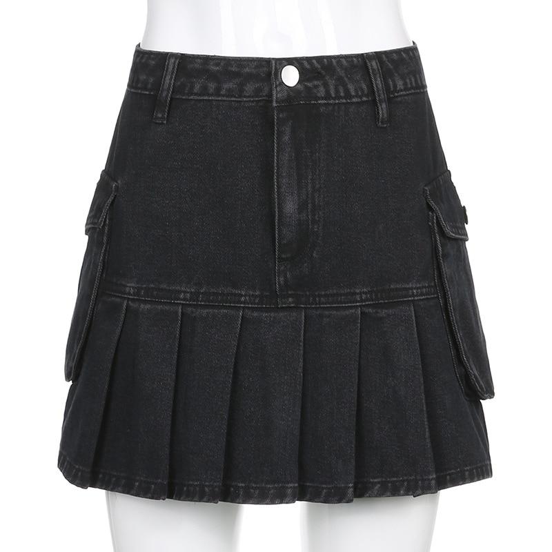 High Waist Jean Skirts Denim Pleated Skirts with Big Pockets Outfit-Denim Skirts-Arimonz-S-Arimonz