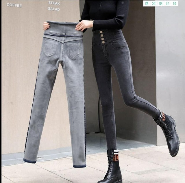 High Waist Thickening Skinny Denim Women Warm Stretch Pencil Jeans-Skinny Jeans-Arimonz-gray Velvet jeans-25-Arimonz
