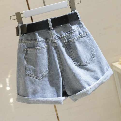 High Waist Women Blue Denim Shorts With Belt Casual Wide Leg Shorts-Denim Shorts-Arimonz-Arimonz