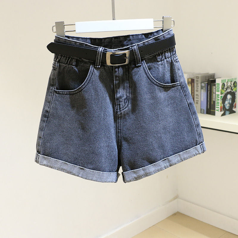 High Waist Women Blue Denim Shorts With Belt Casual Wide Leg Shorts-Denim Shorts-Arimonz-Arimonz