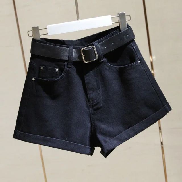High Waist Women Blue Denim Shorts With Belt Casual Wide Leg Shorts-Denim Shorts-Arimonz-black-S-Arimonz