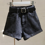 High Waist Women Blue Denim Shorts With Belt Casual Wide Leg Shorts-Denim Shorts-Arimonz-Dark Grey-S-Arimonz