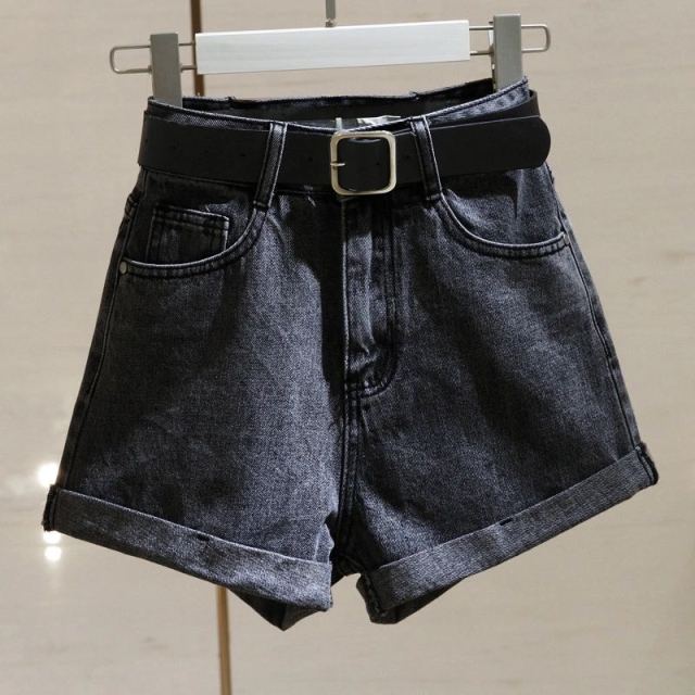 High Waist Women Blue Denim Shorts With Belt Casual Wide Leg Shorts-Denim Shorts-Arimonz-Dark Grey-S-Arimonz