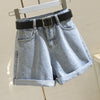 High Waist Women Blue Denim Shorts With Belt Casual Wide Leg Shorts-Denim Shorts-Arimonz-Arimonz