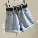 High Waist Women Blue Denim Shorts With Belt Casual Wide Leg Shorts-Denim Shorts-Arimonz-Arimonz