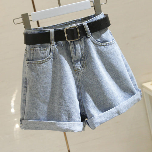 High Waist Women Blue Denim Shorts With Belt Casual Wide Leg Shorts-Denim Shorts-Arimonz-Arimonz