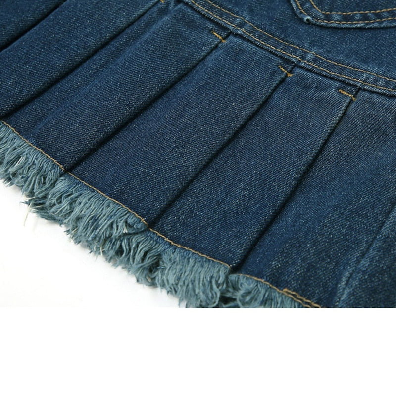 High Waist Y2k Pleated Denim Skirt Women Casual Blue Washed Mini Skirt-Denim Skirts-Arimonz-Arimonz