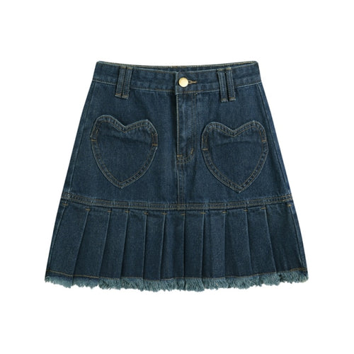 High Waist Y2k Pleated Denim Skirt Women Casual Blue Washed Mini Skirt-Denim Skirts-Arimonz-S-Arimonz