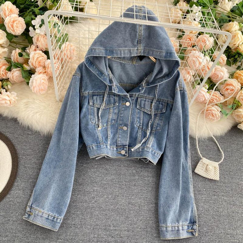 Hooded Denim Jacket Women Single Breasted Solid Short Vintage Overcoat-Jean Jackets-Arimonz-Arimonz
