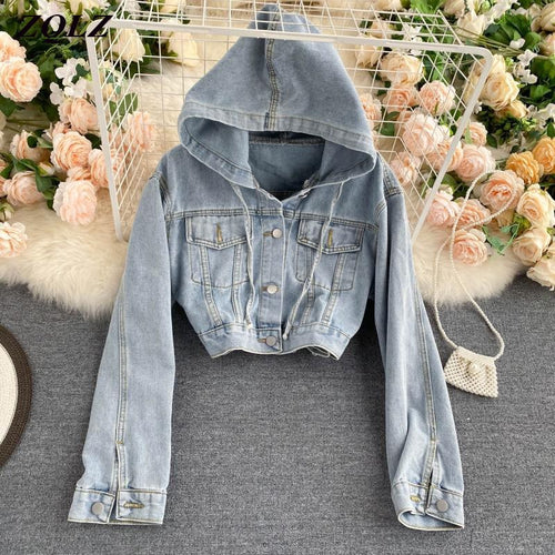 Hooded Denim Jacket Women Single Breasted Solid Short Vintage Overcoat-Jean Jackets-Arimonz-Arimonz