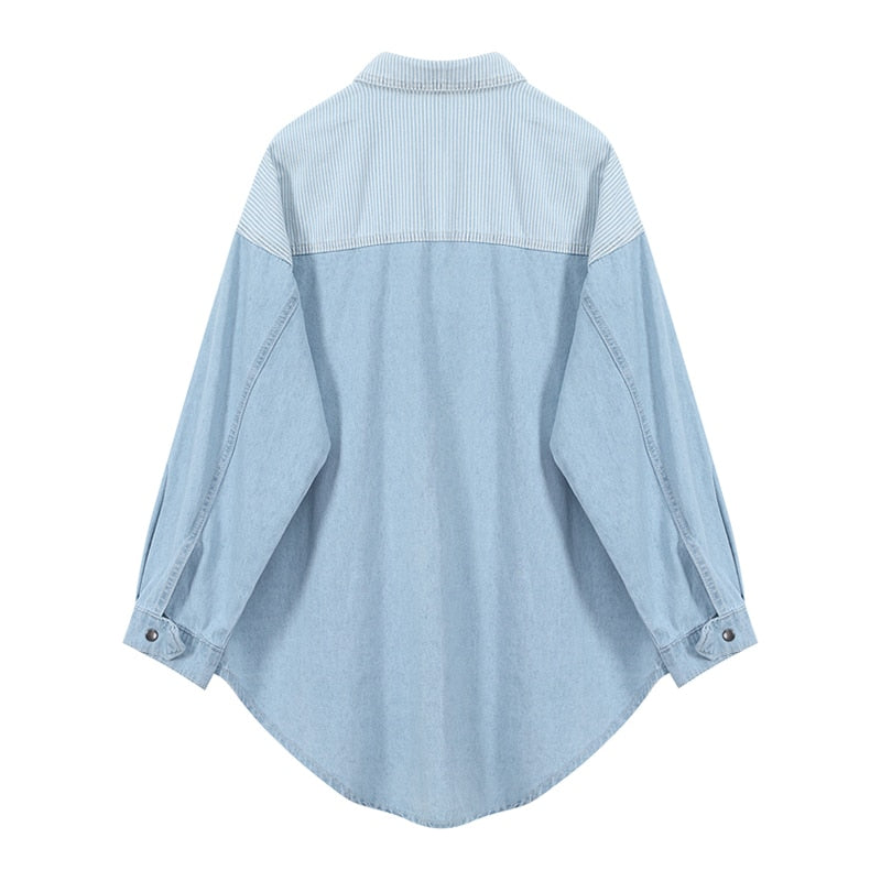 Irregular Spliced Denim Shirt Coat Long Sleeve Pocket Jean Jacket-Jean Jackets-Arimonz-Arimonz