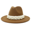 Jazz Fedora Hats with Pearls Band Women White Felted Top Cap Wide Brim-Winter Hats-Arimonz-Arimonz