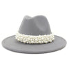 Jazz Fedora Hats with Pearls Band Women White Felted Top Cap Wide Brim-Winter Hats-Arimonz-Arimonz