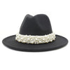 Jazz Fedora Hats with Pearls Band Women White Felted Top Cap Wide Brim-Winter Hats-Arimonz-Arimonz
