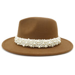 Jazz Fedora Hats with Pearls Band Women White Felted Top Cap Wide Brim-Winter Hats-Arimonz-Arimonz