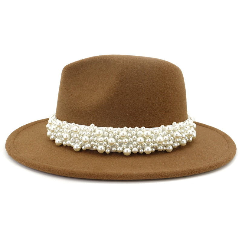 Jazz Fedora Hats with Pearls Band Women White Felted Top Cap Wide Brim-Winter Hats-Arimonz-Arimonz
