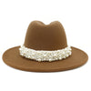 Jazz Fedora Hats with Pearls Band Women White Felted Top Cap Wide Brim-Winter Hats-Arimonz-Arimonz