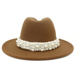 Jazz Fedora Hats with Pearls Band Women White Felted Top Cap Wide Brim-Winter Hats-Arimonz-Arimonz