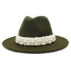 Jazz Fedora Hats with Pearls Band Women White Felted Top Cap Wide Brim-Winter Hats-Arimonz-56 to 58cm/22.04 to 22.83 inches-Army Green-Arimonz