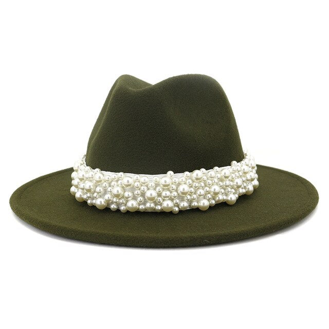 Jazz Fedora Hats with Pearls Band Women White Felted Top Cap Wide Brim-Winter Hats-Arimonz-56 to 58cm/22.04 to 22.83 inches-Army Green-Arimonz