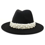 Jazz Fedora Hats with Pearls Band Women White Felted Top Cap Wide Brim-Winter Hats-Arimonz-56 to 58cm/22.04 to 22.83 inches-Black-Arimonz