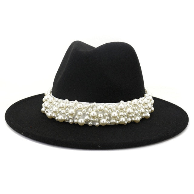 Jazz Fedora Hats with Pearls Band Women White Felted Top Cap Wide Brim-Winter Hats-Arimonz-56 to 58cm/22.04 to 22.83 inches-Black-Arimonz