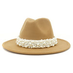Jazz Fedora Hats with Pearls Band Women White Felted Top Cap Wide Brim-Winter Hats-Arimonz-56 to 58cm/22.04 to 22.83 inches-camel-Arimonz