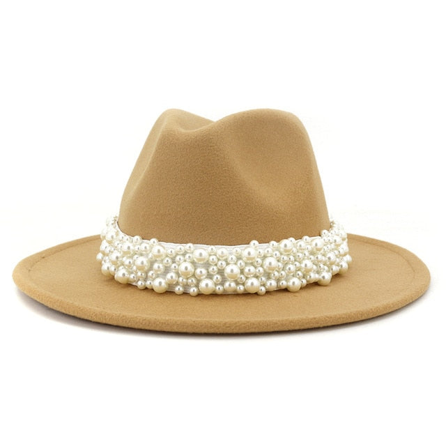 Jazz Fedora Hats with Pearls Band Women White Felted Top Cap Wide Brim-Winter Hats-Arimonz-56 to 58cm/22.04 to 22.83 inches-camel-Arimonz