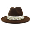 Jazz Fedora Hats with Pearls Band Women White Felted Top Cap Wide Brim-Winter Hats-Arimonz-56 to 58cm/22.04 to 22.83 inches-coffee-Arimonz
