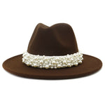 Jazz Fedora Hats with Pearls Band Women White Felted Top Cap Wide Brim-Winter Hats-Arimonz-56 to 58cm/22.04 to 22.83 inches-coffee-Arimonz