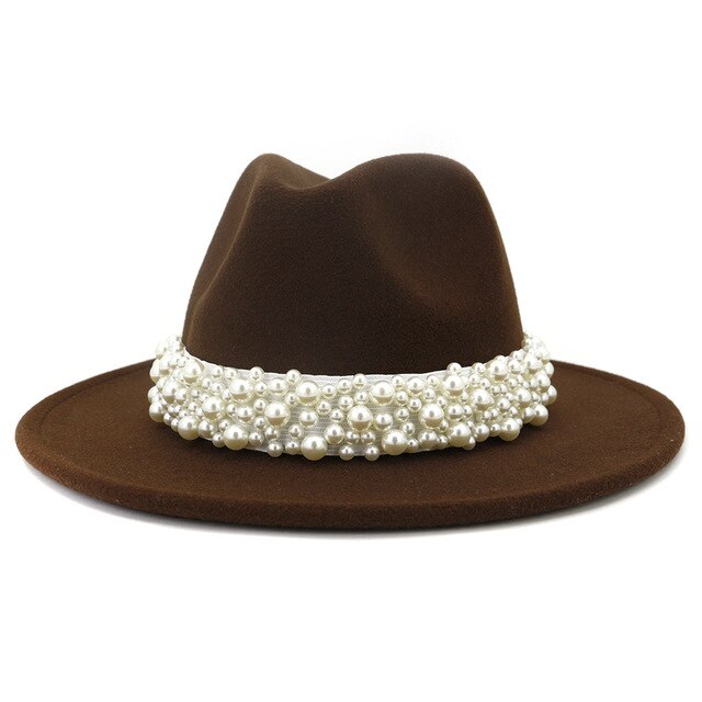 Jazz Fedora Hats with Pearls Band Women White Felted Top Cap Wide Brim-Winter Hats-Arimonz-56 to 58cm/22.04 to 22.83 inches-coffee-Arimonz