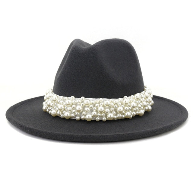 Jazz Fedora Hats with Pearls Band Women White Felted Top Cap Wide Brim-Winter Hats-Arimonz-56 to 58cm/22.04 to 22.83 inches-Dark Gray-Arimonz