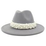 Jazz Fedora Hats with Pearls Band Women White Felted Top Cap Wide Brim-Winter Hats-Arimonz-56 to 58cm/22.04 to 22.83 inches-Light Grey-Arimonz