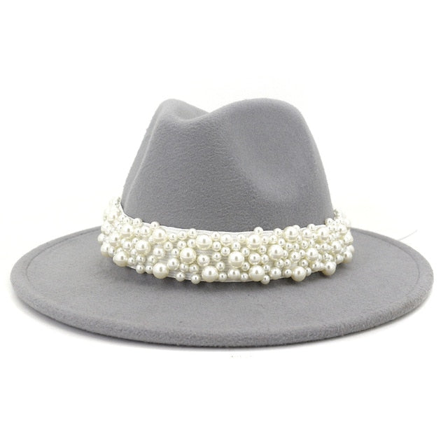 Jazz Fedora Hats with Pearls Band Women White Felted Top Cap Wide Brim-Winter Hats-Arimonz-56 to 58cm/22.04 to 22.83 inches-Light Grey-Arimonz