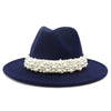 Jazz Fedora Hats with Pearls Band Women White Felted Top Cap Wide Brim-Winter Hats-Arimonz-56 to 58cm/22.04 to 22.83 inches-navy blue-Arimonz