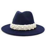 Jazz Fedora Hats with Pearls Band Women White Felted Top Cap Wide Brim-Winter Hats-Arimonz-56 to 58cm/22.04 to 22.83 inches-navy blue-Arimonz