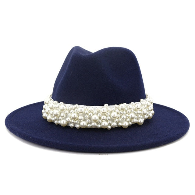 Jazz Fedora Hats with Pearls Band Women White Felted Top Cap Wide Brim-Winter Hats-Arimonz-56 to 58cm/22.04 to 22.83 inches-navy blue-Arimonz