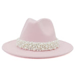 Jazz Fedora Hats with Pearls Band Women White Felted Top Cap Wide Brim-Winter Hats-Arimonz-56 to 58cm/22.04 to 22.83 inches-Pink-Arimonz