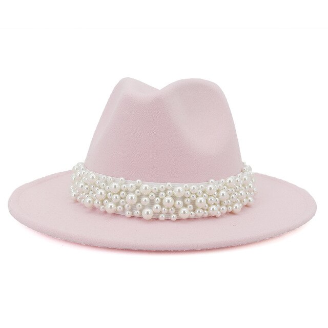 Jazz Fedora Hats with Pearls Band Women White Felted Top Cap Wide Brim-Winter Hats-Arimonz-56 to 58cm/22.04 to 22.83 inches-Pink-Arimonz
