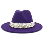 Jazz Fedora Hats with Pearls Band Women White Felted Top Cap Wide Brim-Winter Hats-Arimonz-56 to 58cm/22.04 to 22.83 inches-purple-Arimonz