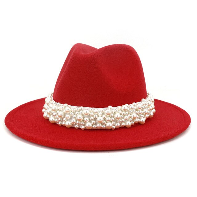 Jazz Fedora Hats with Pearls Band Women White Felted Top Cap Wide Brim-Winter Hats-Arimonz-56 to 58cm/22.04 to 22.83 inches-Red-Arimonz